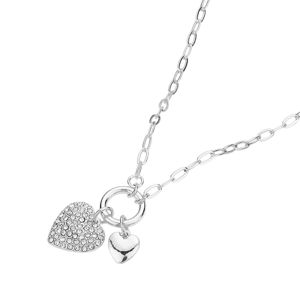 Stone Paved Metal Heart Charms Pendant Paperclip Chain Necklace