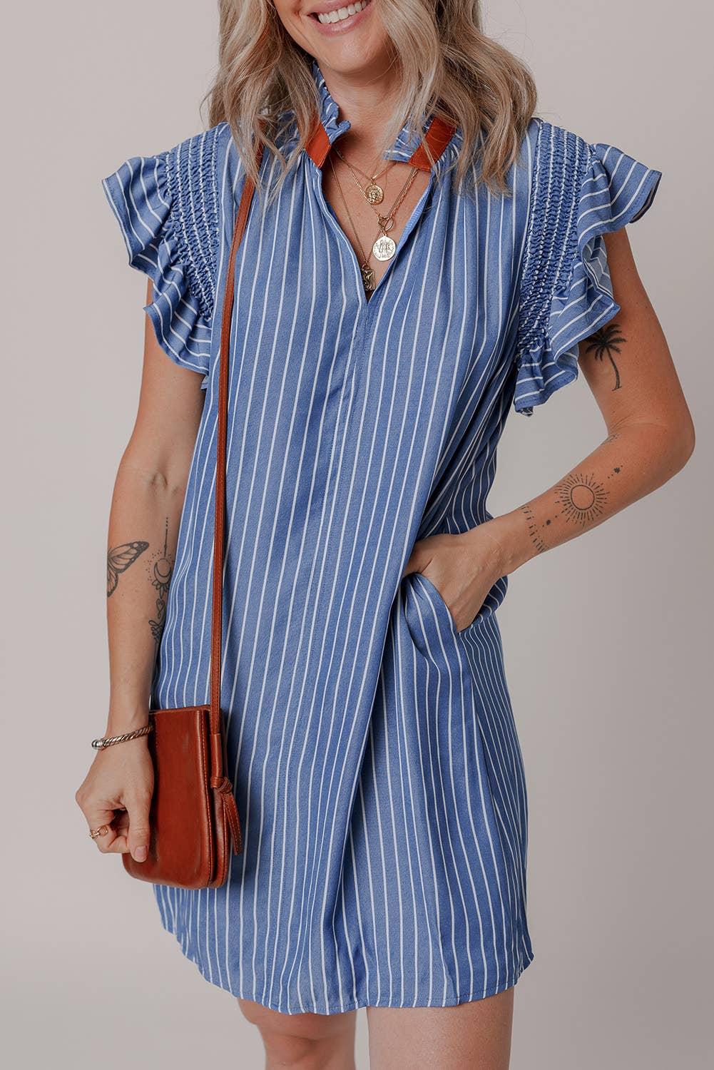 Stripe Frilly Split Neck Shirred Ruffle Sleeve Short Dress