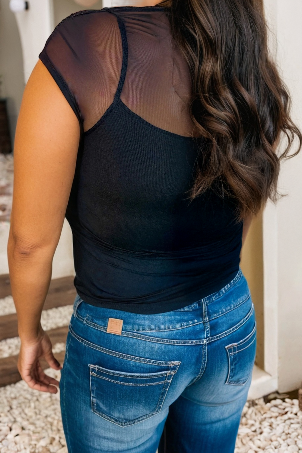 Sheer Mesh Patchwork Cap Sleeve T Shirt