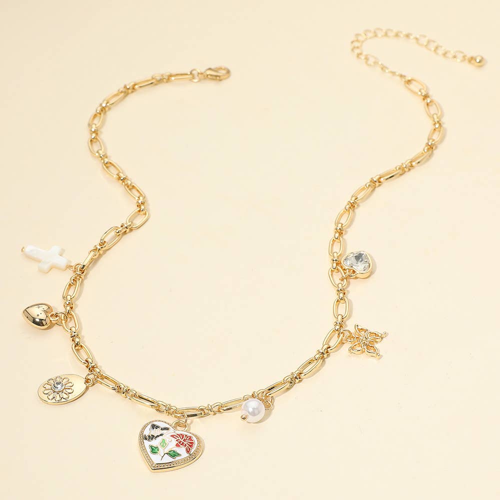 Butterfly Flower Enamel Detailed Heart Pendant Charm Station Necklace