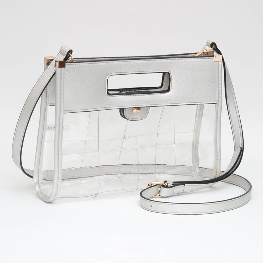Silver Metallic Faux Leather Transparent Crossbody Bag