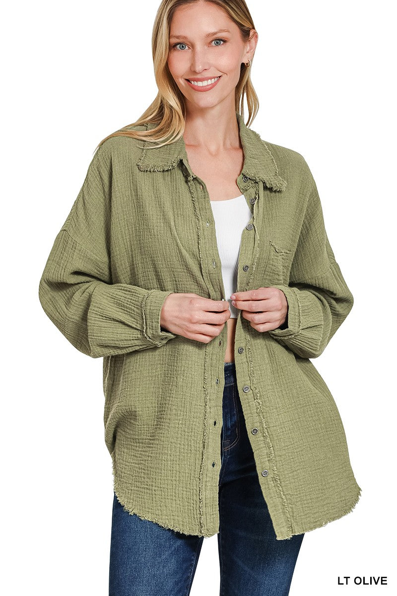 Gauze Linen Raw Hem Button Down