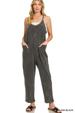 Washed Cotton Spaghetti Strap Overalls