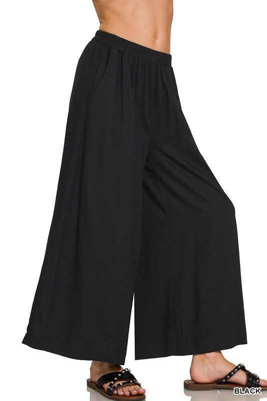Woven Pleated Linen Wide Leg Pant