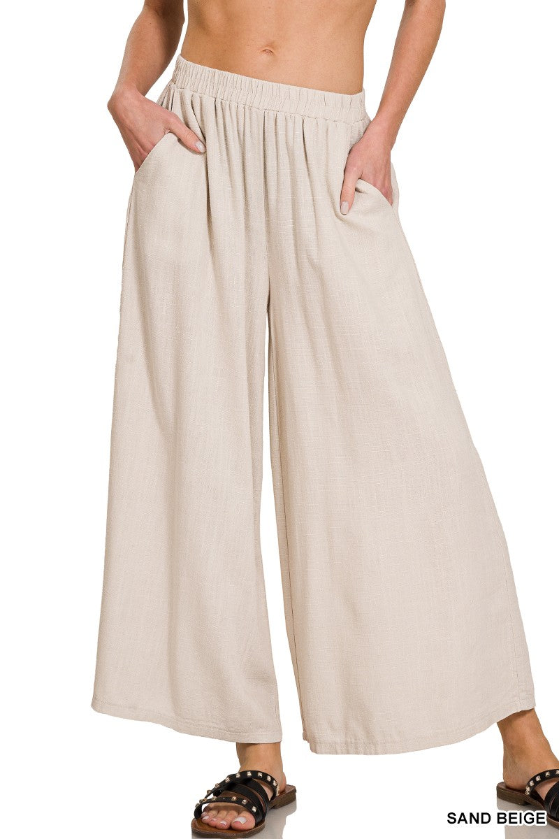 Woven Pleated Linen Wide Leg Pant