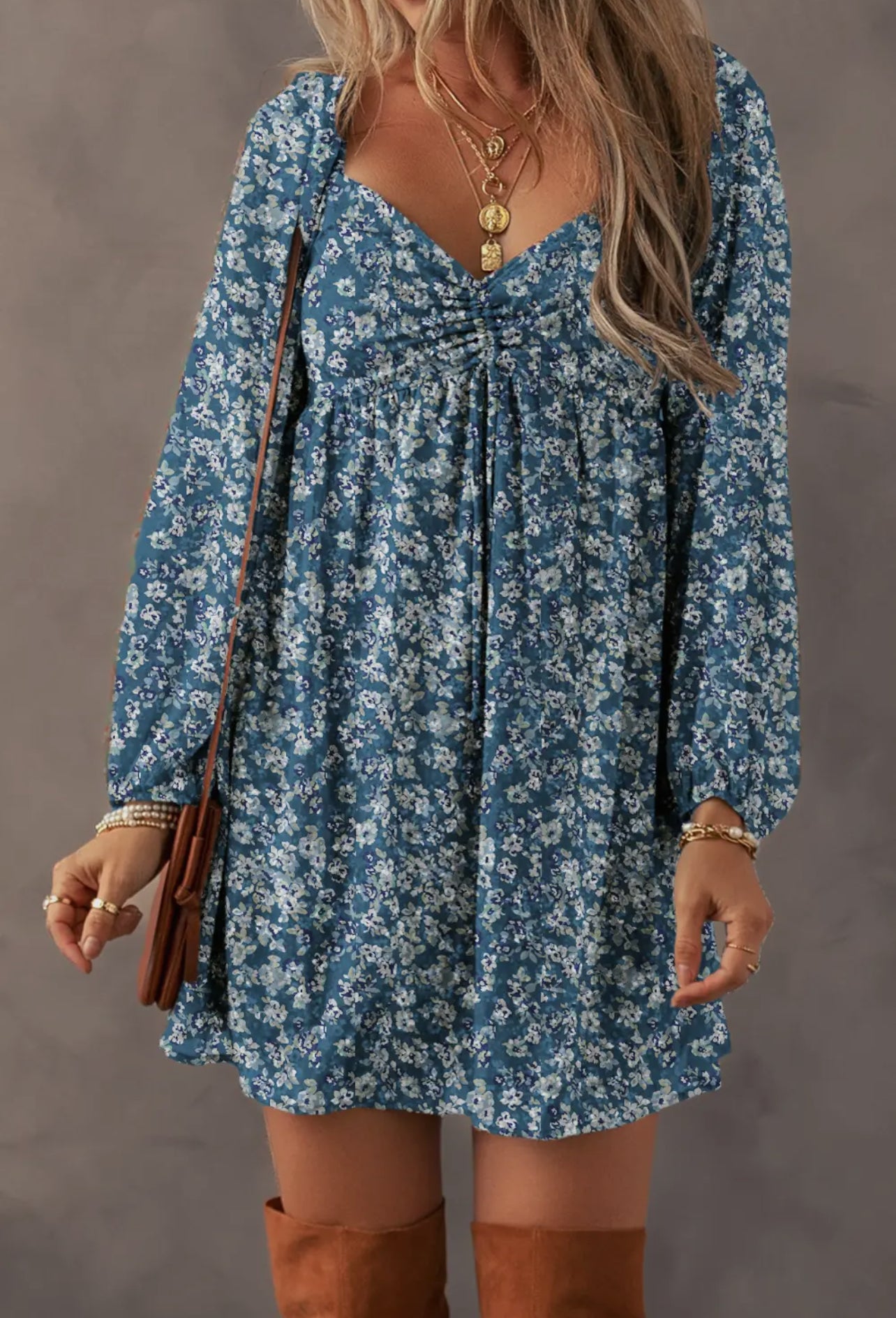 Ruched Neck Floral Dress