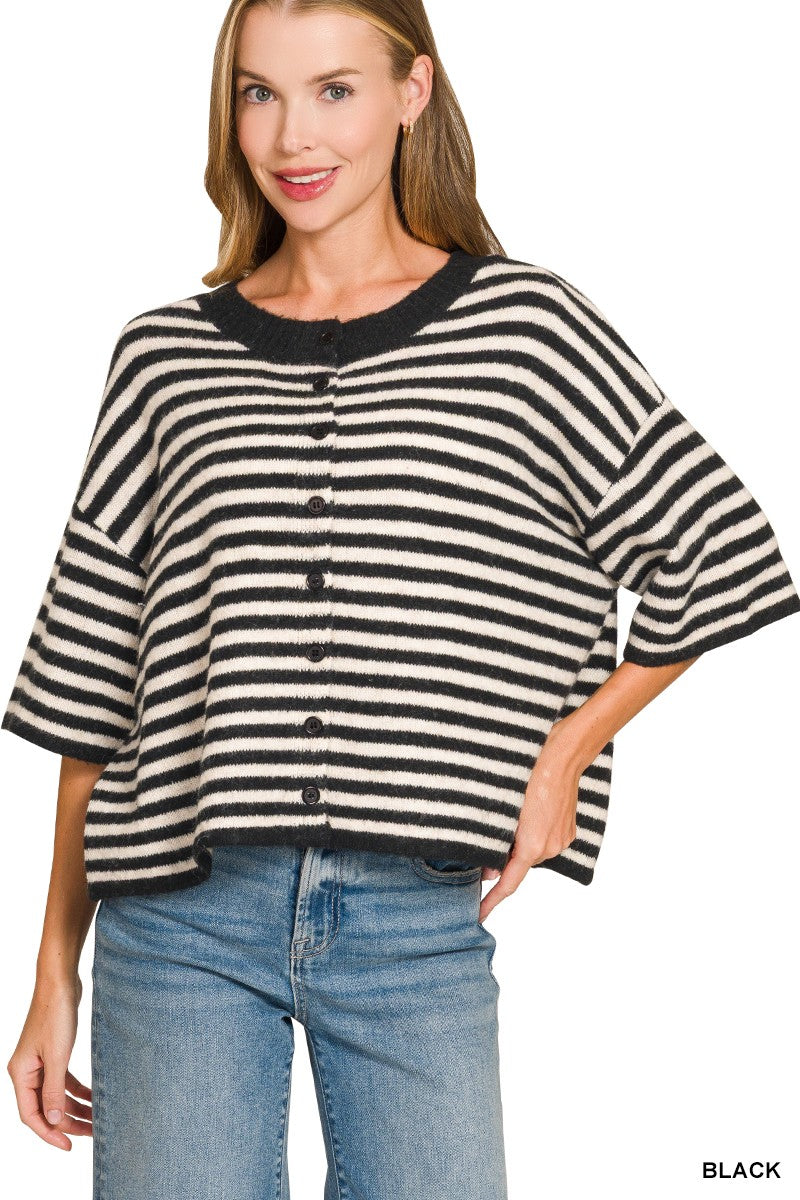 Striped Wool Blend Half Sleeve Cardigan Sweater