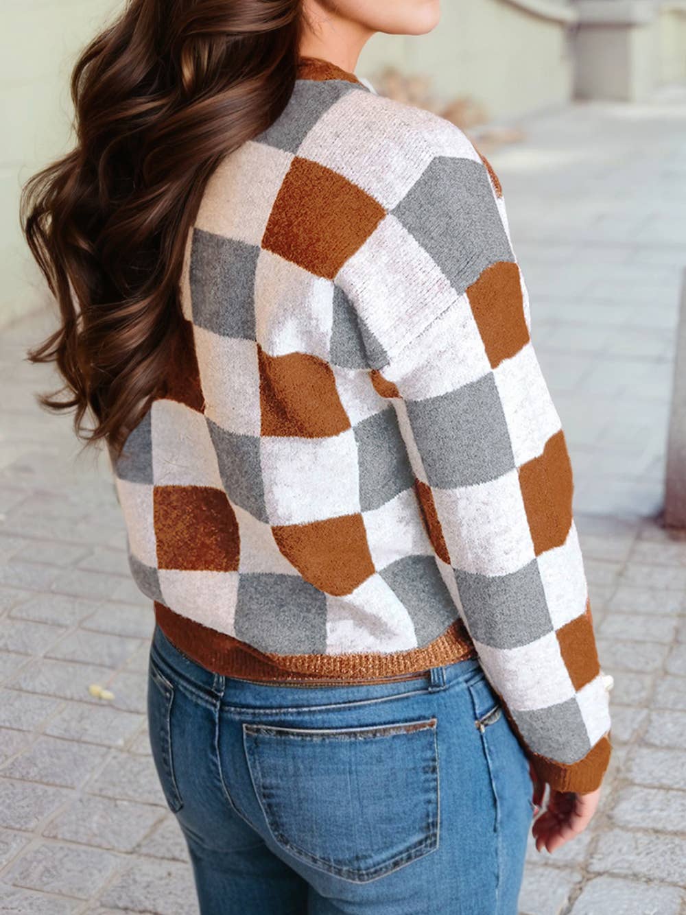 Plus Size Checkered Crewneck Sweater
