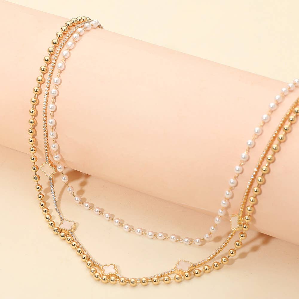 Quatrefoil Charm Station Pearl Beaded Chain Layered Choker Necklace
