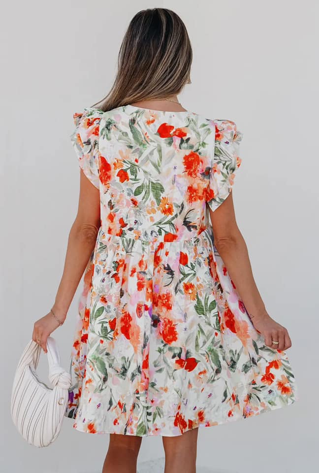 Light Floral Double Ruffle Sleeve Dress