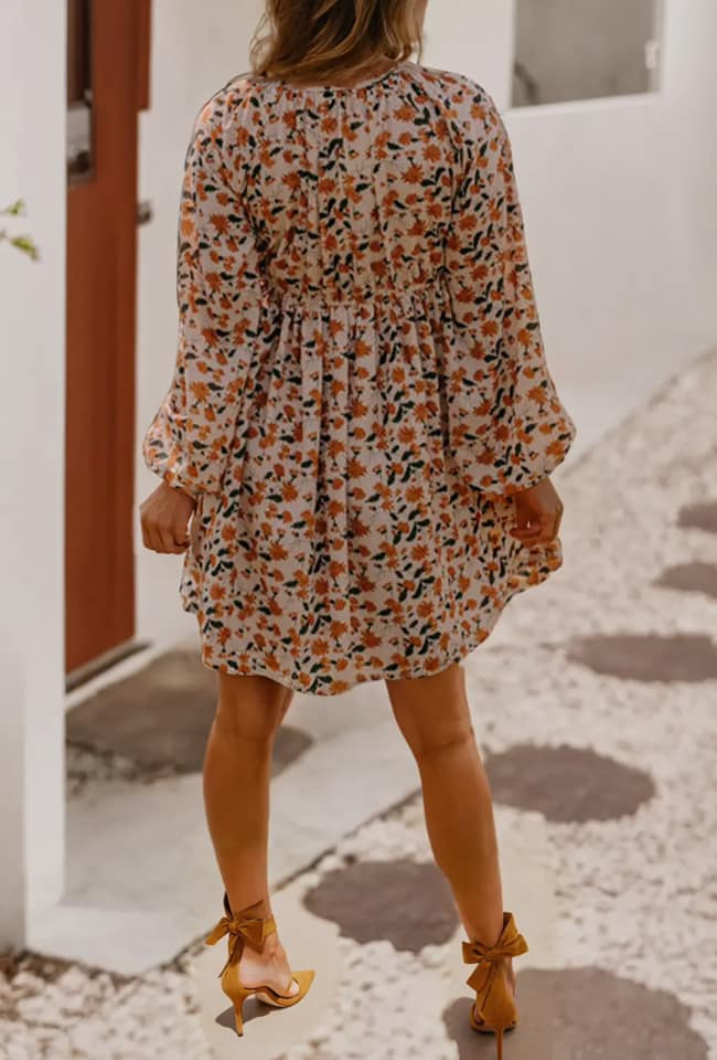 Neutral Floral Smoked V Neck Dress