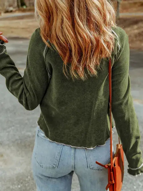 Waffle Textured Round Neck Long Sleeve