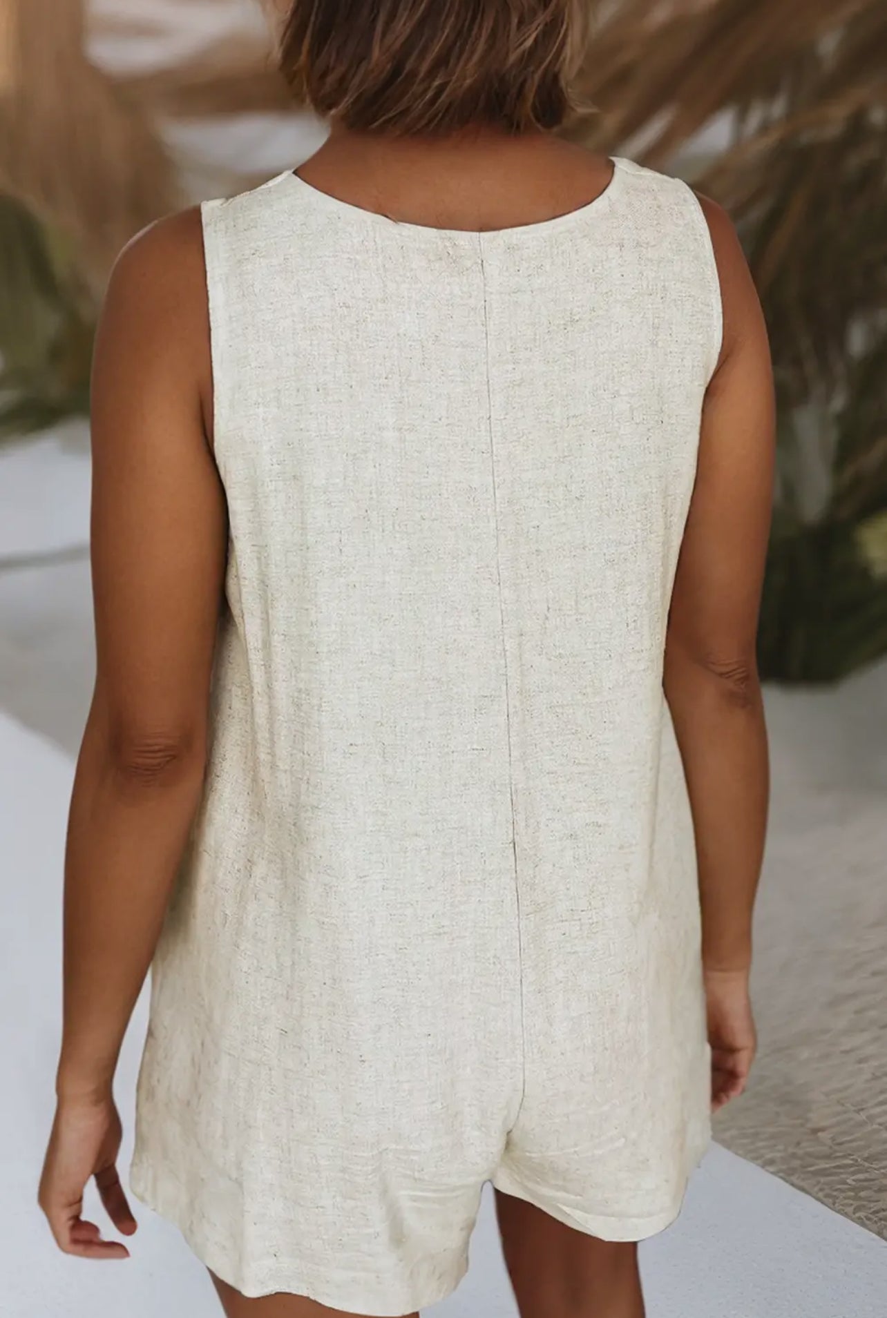 Sleeveless Button Front V Neck Linen Romper