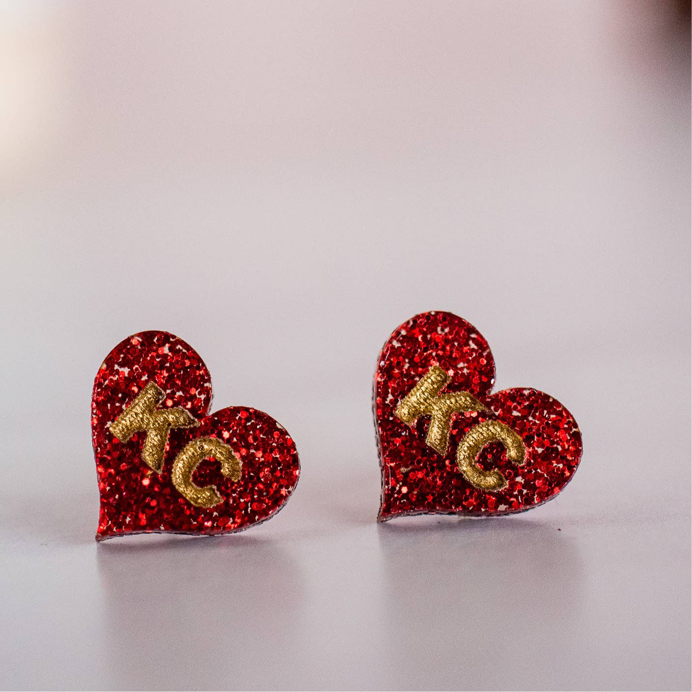 KC Heart Stud Earrings Red & Gold Glitter