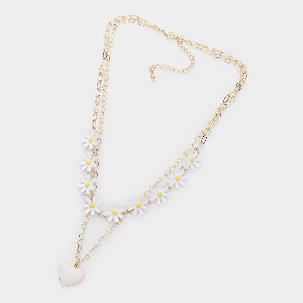 Enamel Heart Pendant Flower Link Double Layered Necklace