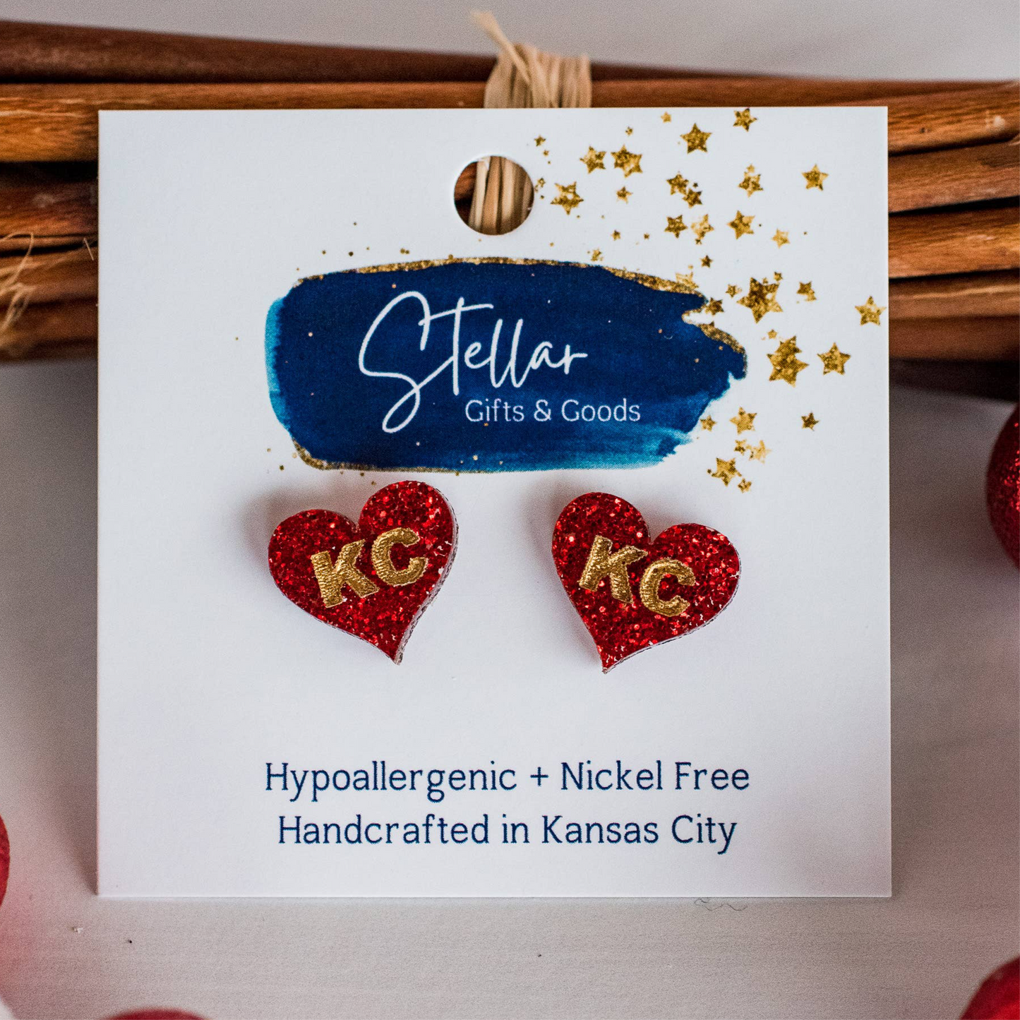 KC Heart Stud Earrings Red & Gold Glitter