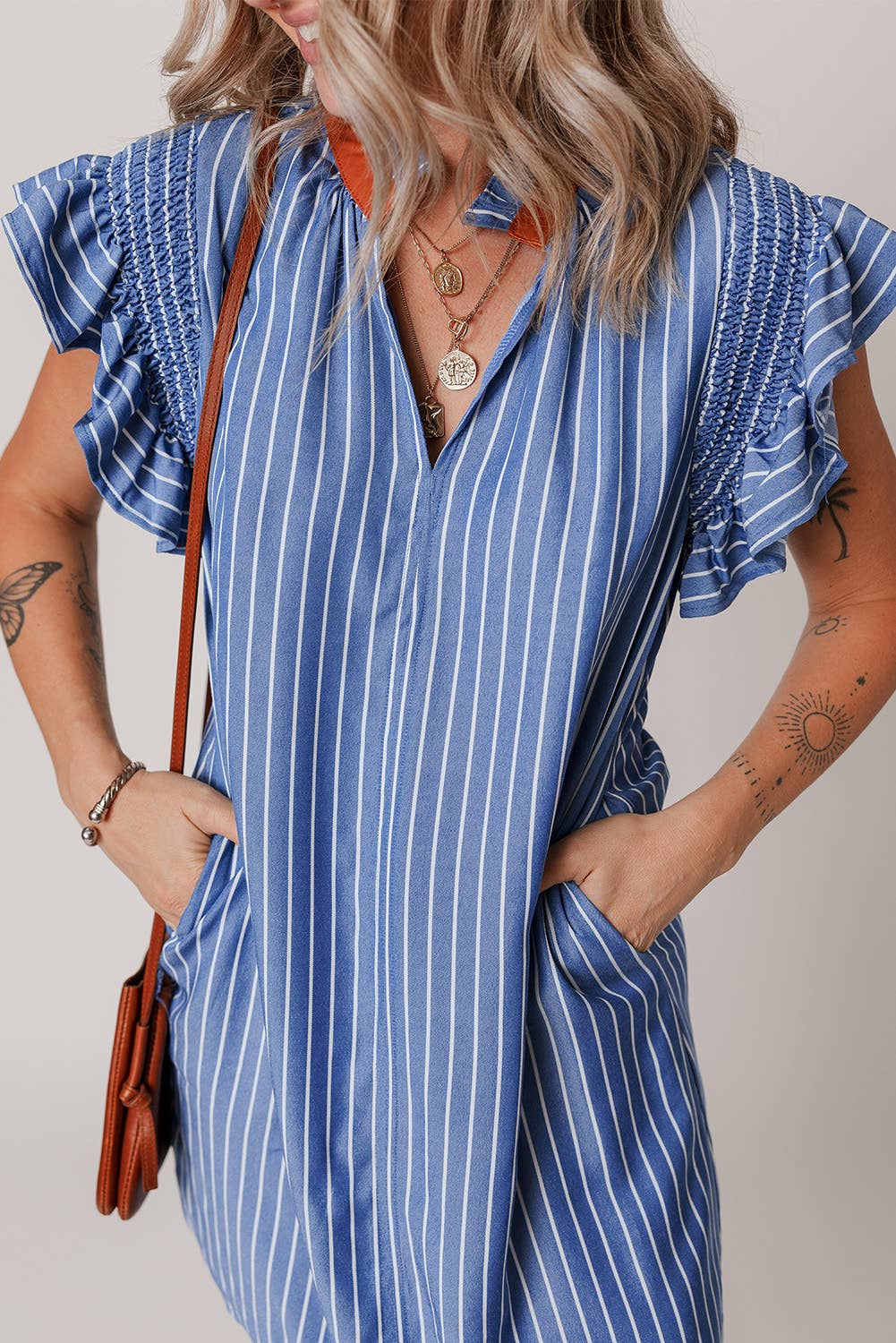 Stripe Frilly Split Neck Shirred Ruffle Sleeve Short Dress