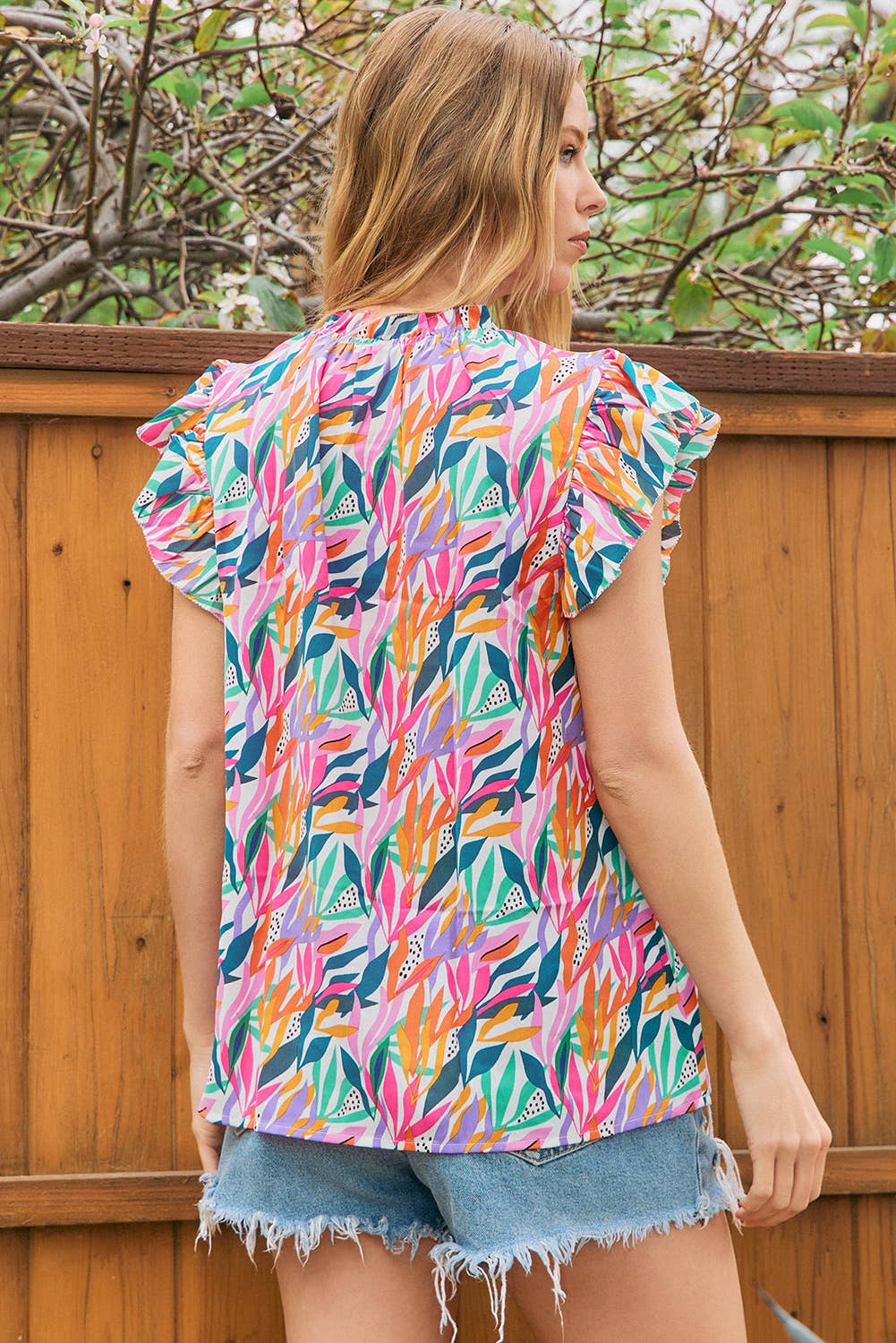 Floral Print Ruffled Flutter Sleeve Blouse