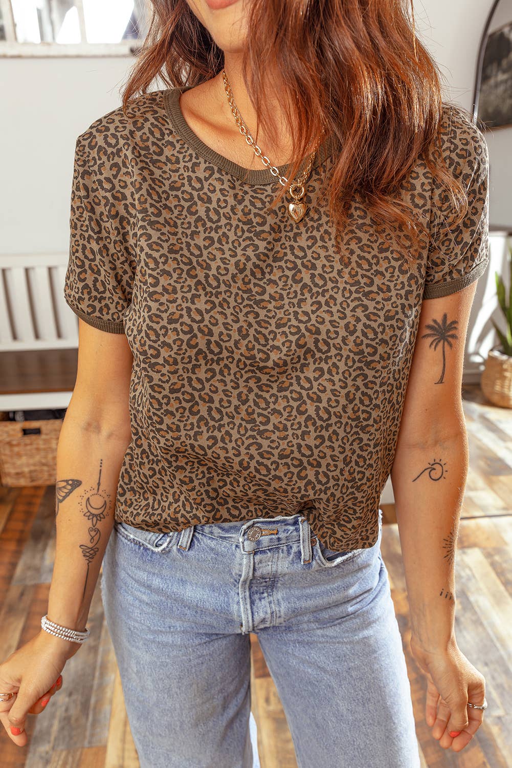 Khaki Fierce Leopard Crew Neck T Shirt