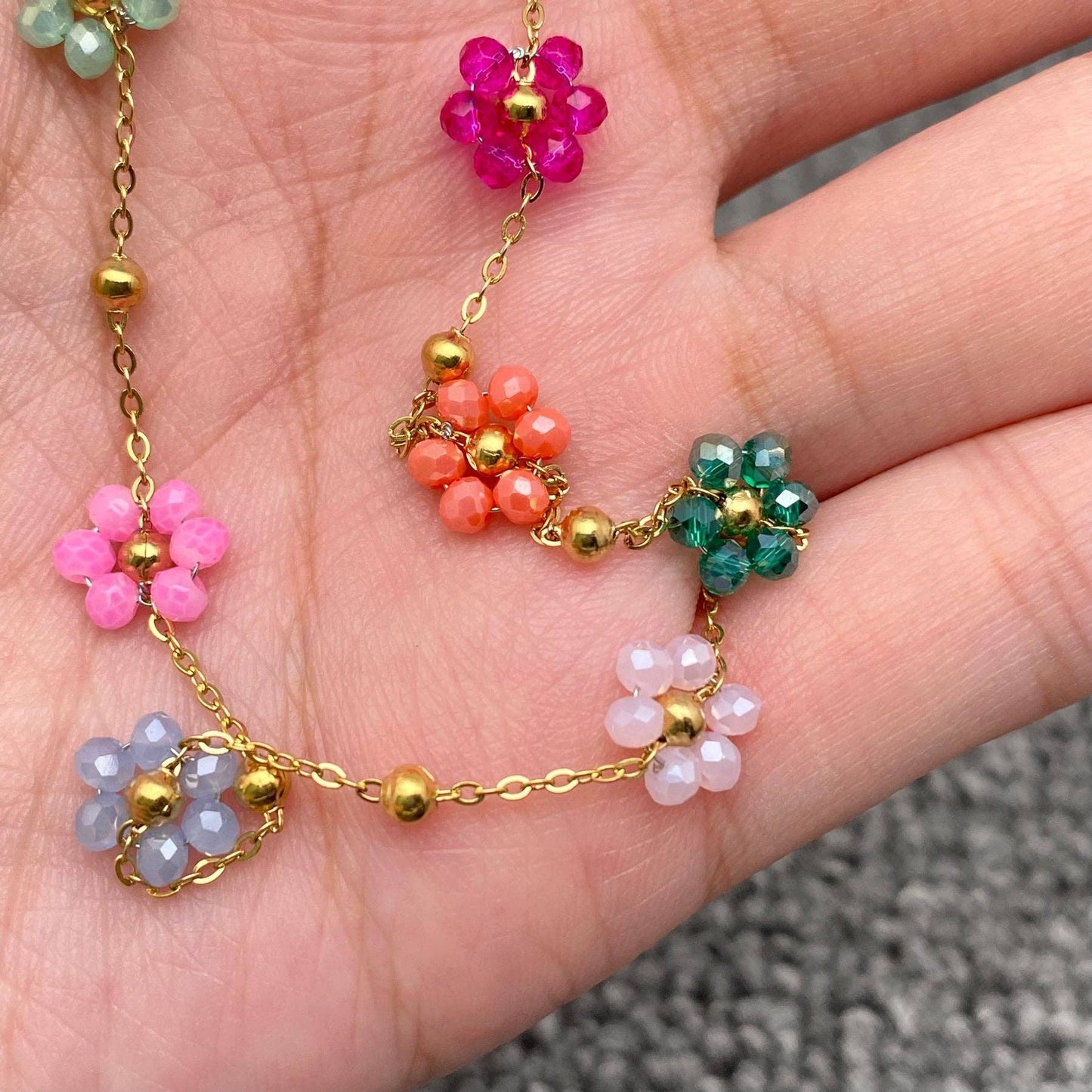 Color Glass Bead Flowers 18K Gold Plated Necklace and Bracelet Set