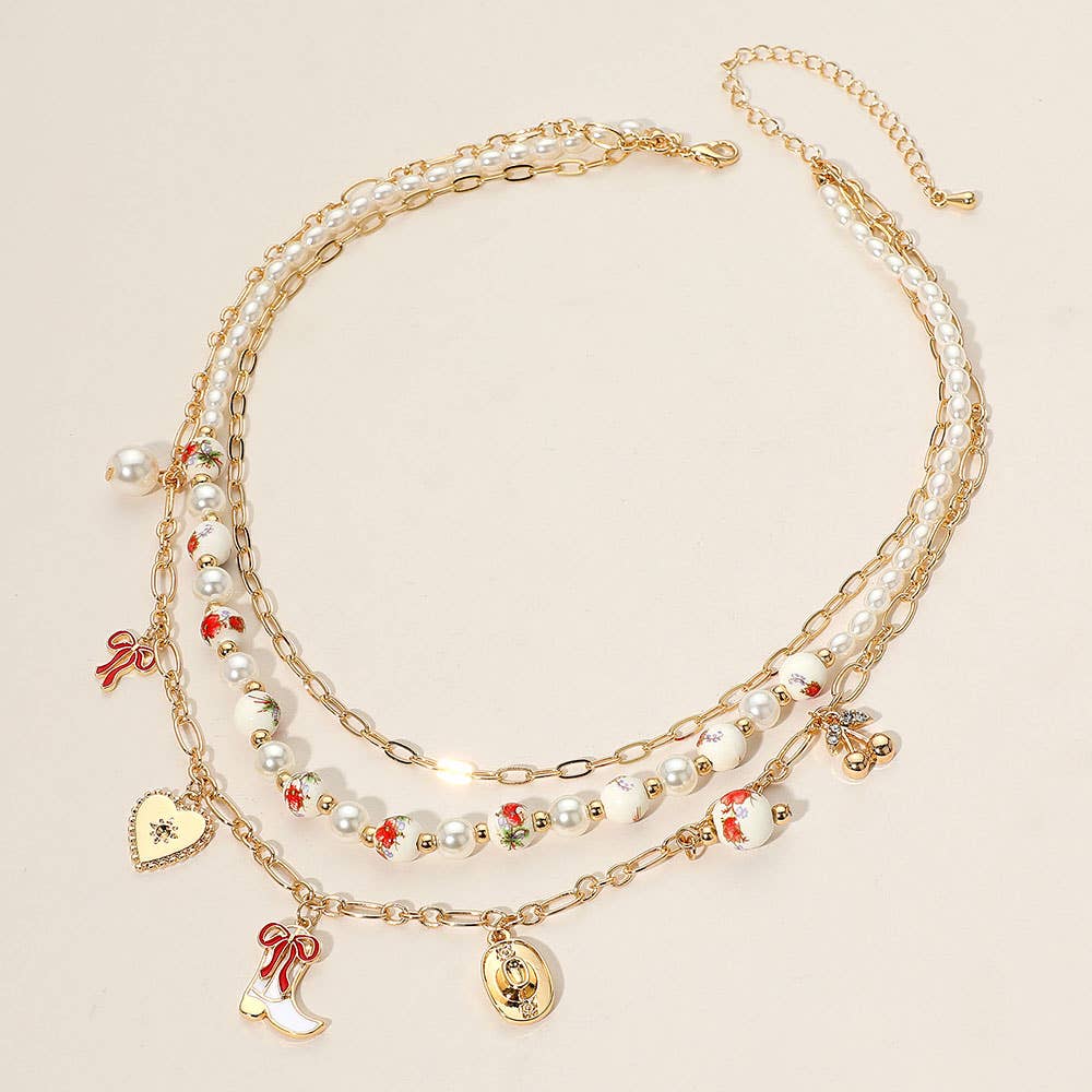 Western Cowboy Boot Hat Bow Cherry Heart Charm Station Pearl Floral Ceramic Ball Beaded Layered Necklace: Gold,Pink