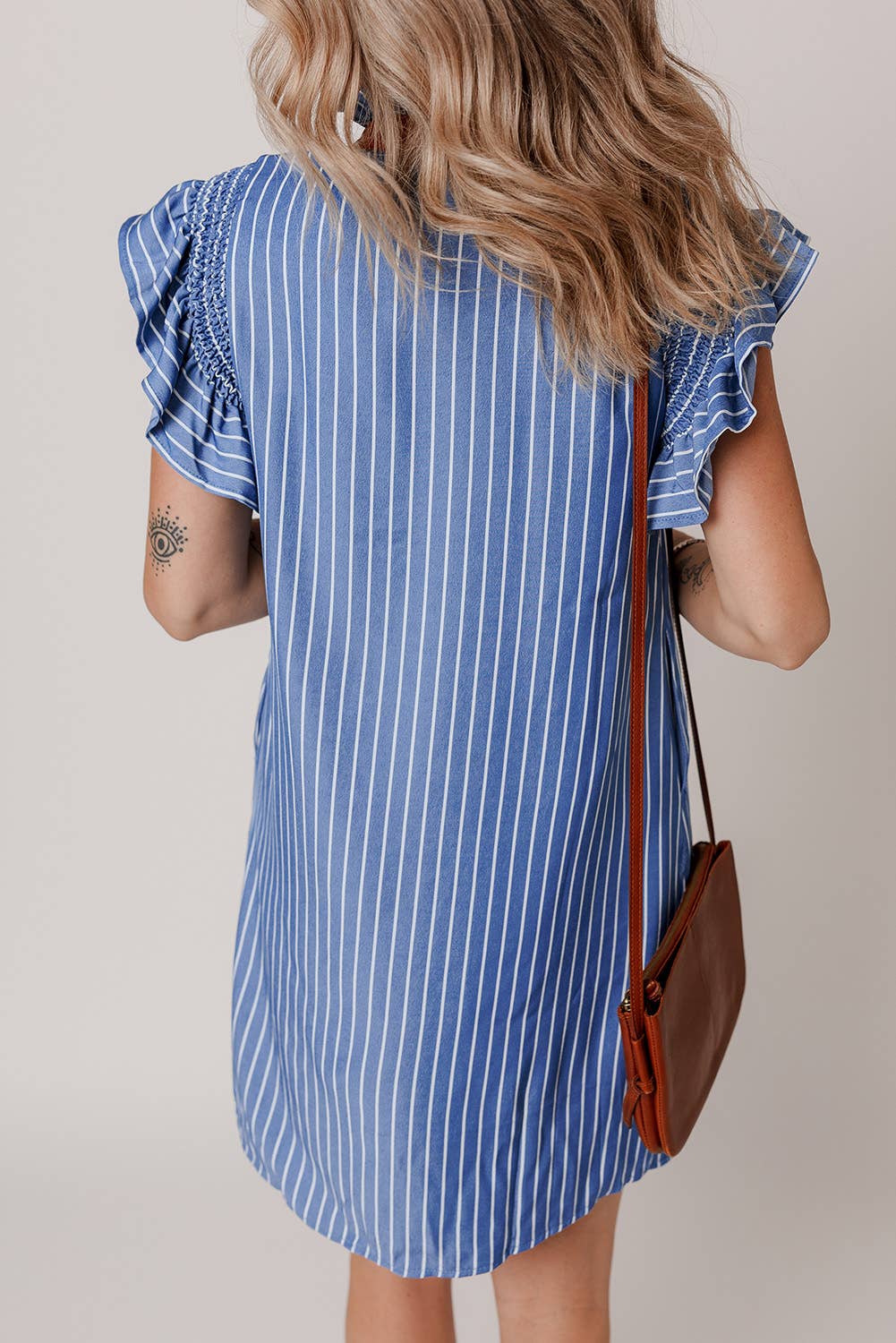 Stripe Frilly Split Neck Shirred Ruffle Sleeve Short Dress