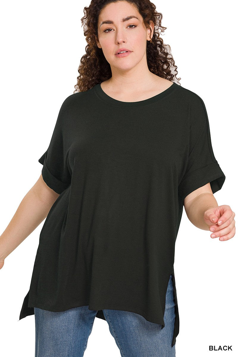 Rolled Short Sleeve Side Slit Tunic Tee