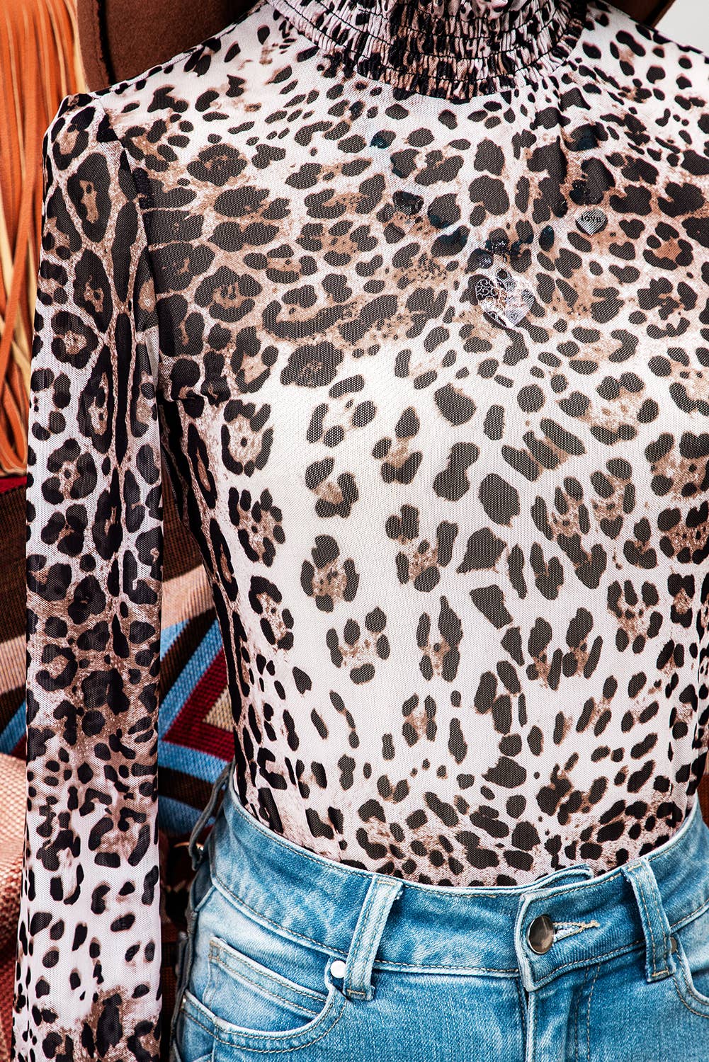 Fashion Western Leopard Smock Neck Mesh Long Sleeve Bodysuit