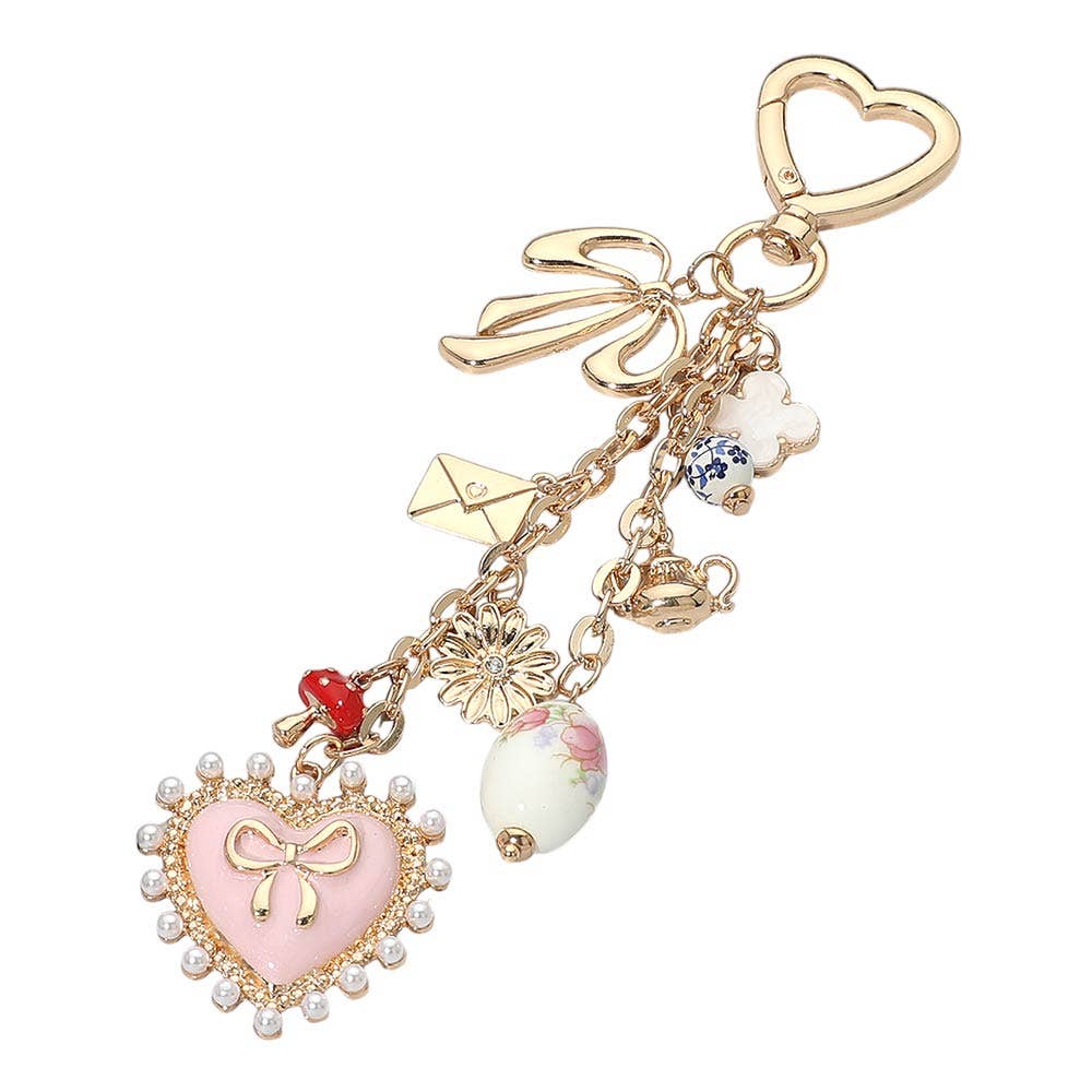 Pearl Trip Bow Heart Charm Drop Quatrefoil Flower Mushroom Envelope Charm Embellished Keychain Bag Charm