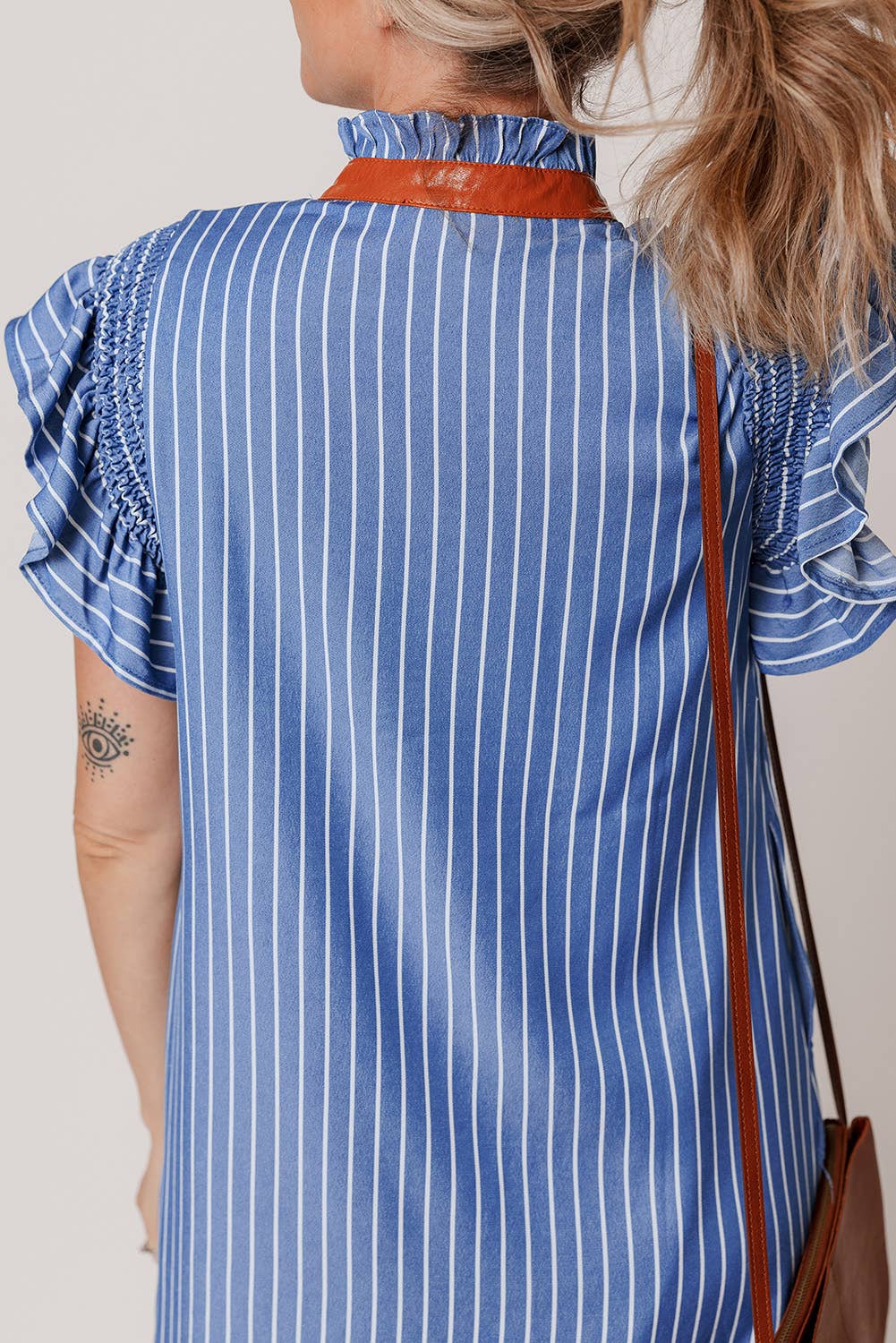 Stripe Frilly Split Neck Shirred Ruffle Sleeve Short Dress