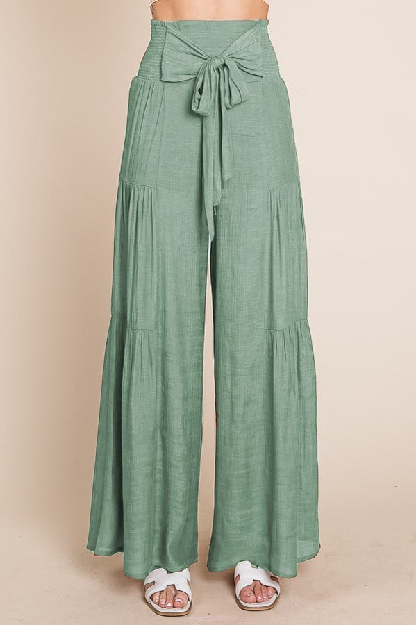 Tie Front Ruched Waist Back Pants