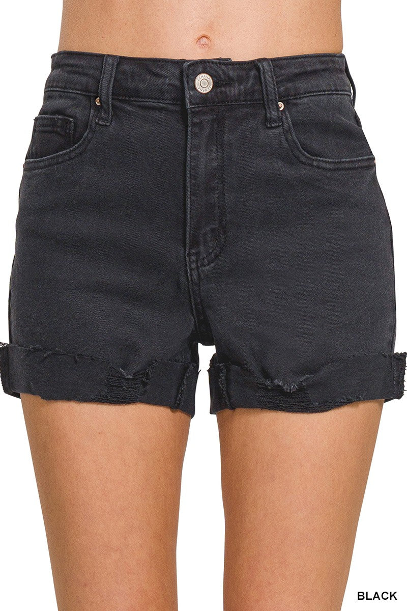 Cuffed Distressed Denim Shorts