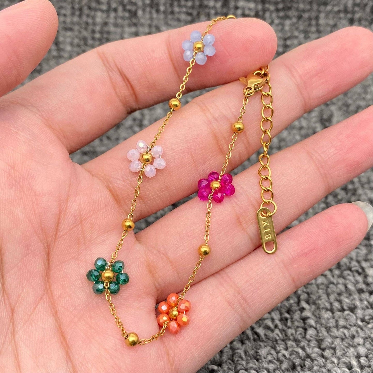 Color Glass Bead Flowers 18K Gold Plated Necklace and Bracelet Set