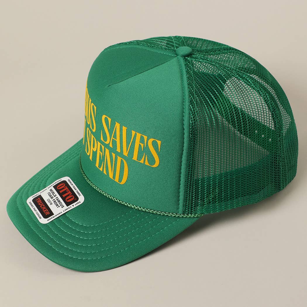 JESUS SAVES I SPEND Text Mesh Back Trucker Hat