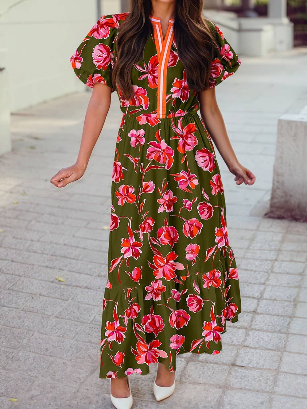 Floral Split Neck Short Puff Sleeve Ruffle Maxi Dress S-4X