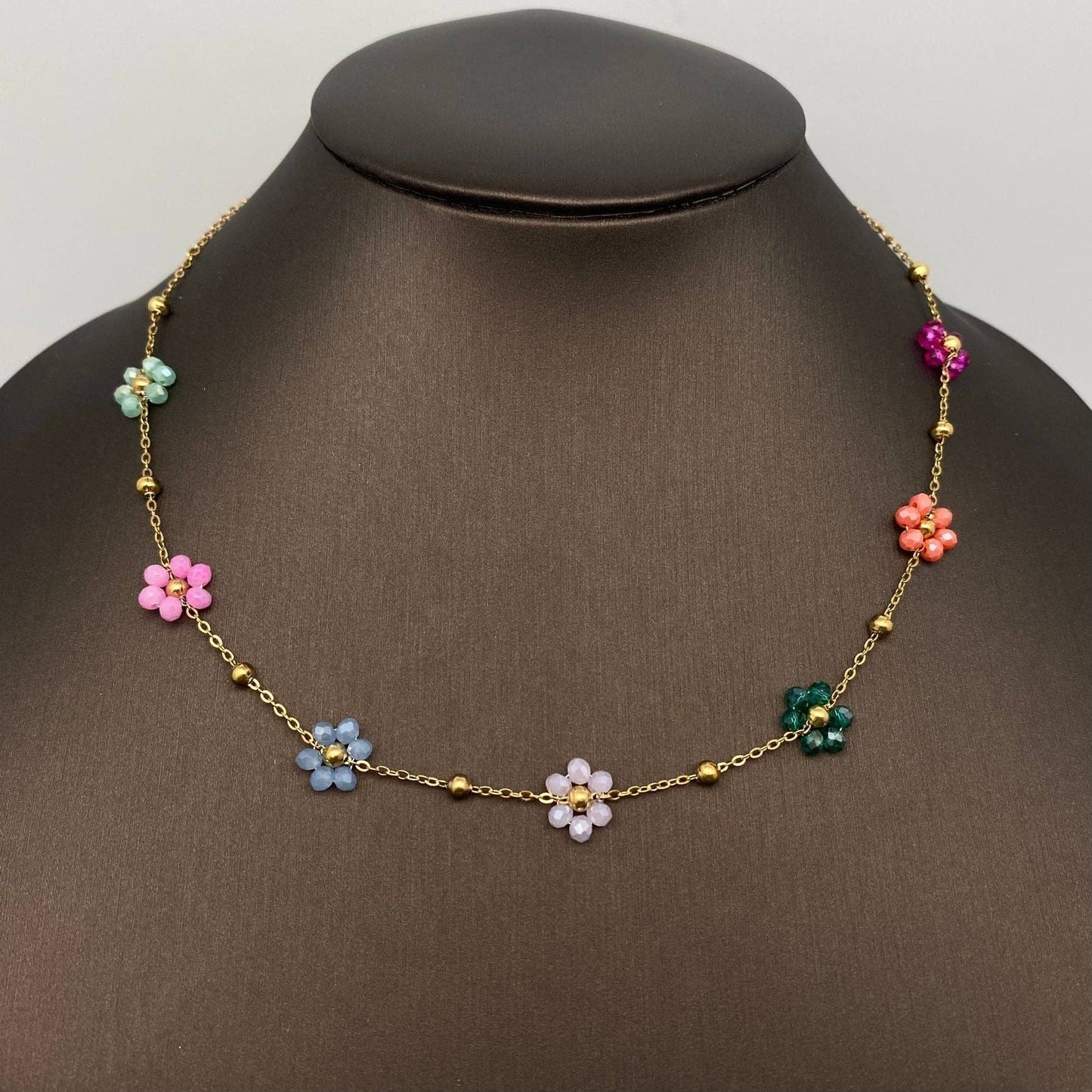 Color Glass Bead Flowers 18K Gold Plated Necklace and Bracelet Set