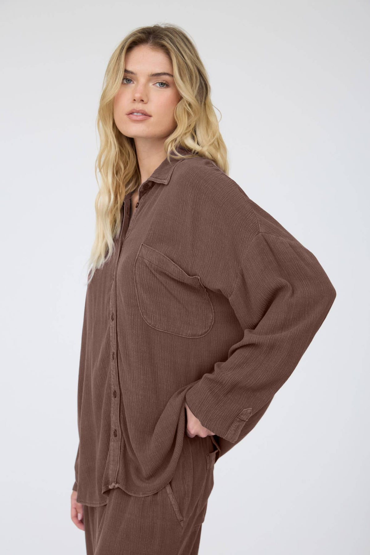 Crinkle Plisse Collard Button Down Shirt