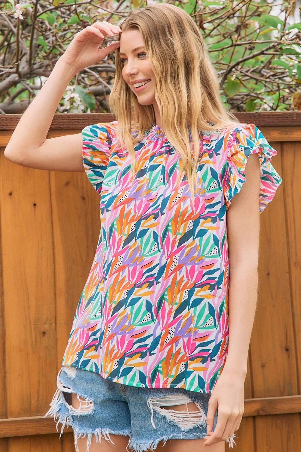 Floral Print Ruffled Flutter Sleeve Blouse