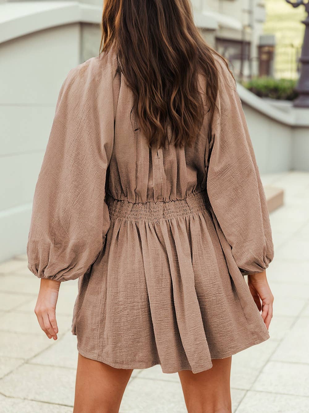 Deep V Neck Bubble Sleeve Smocked Mini Dress