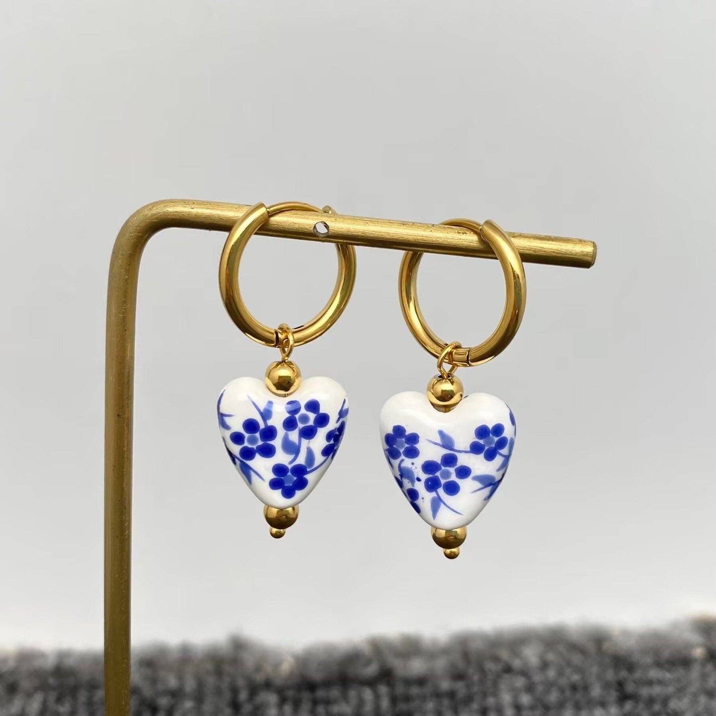 Blue and White Porcelain 18K Golden Dangle Earrings