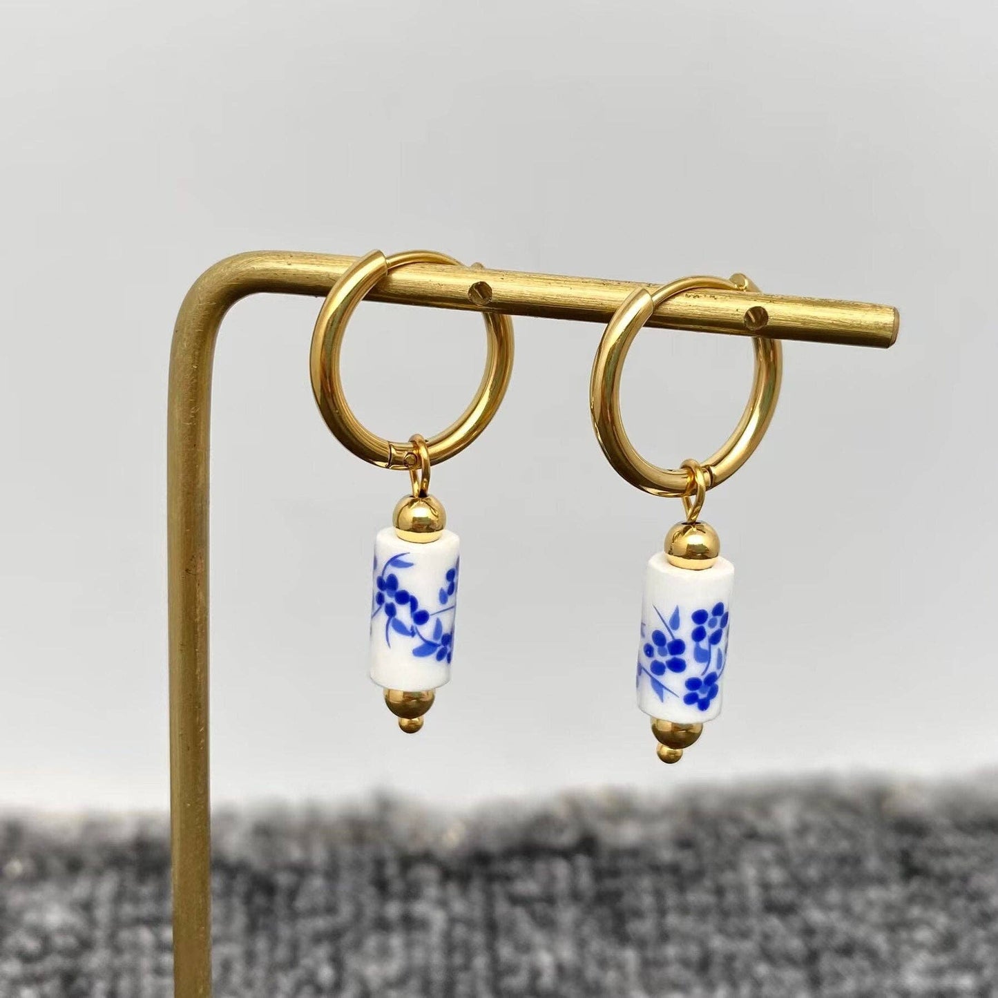 Blue and White Porcelain 18K Golden Dangle Earrings
