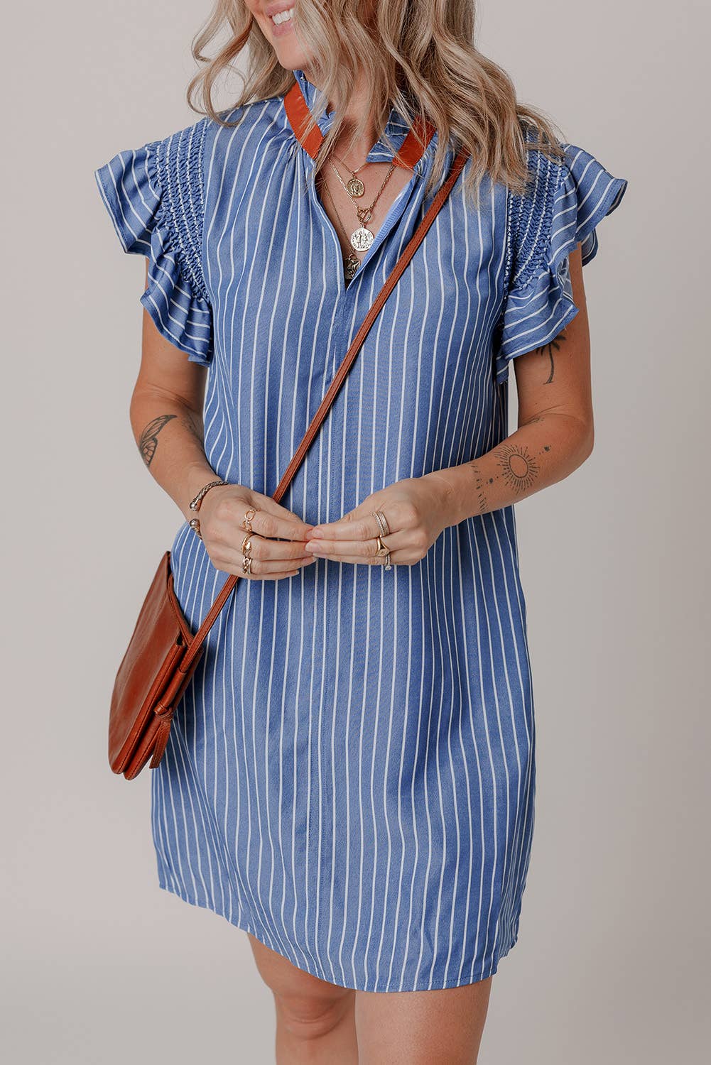 Stripe Frilly Split Neck Shirred Ruffle Sleeve Short Dress