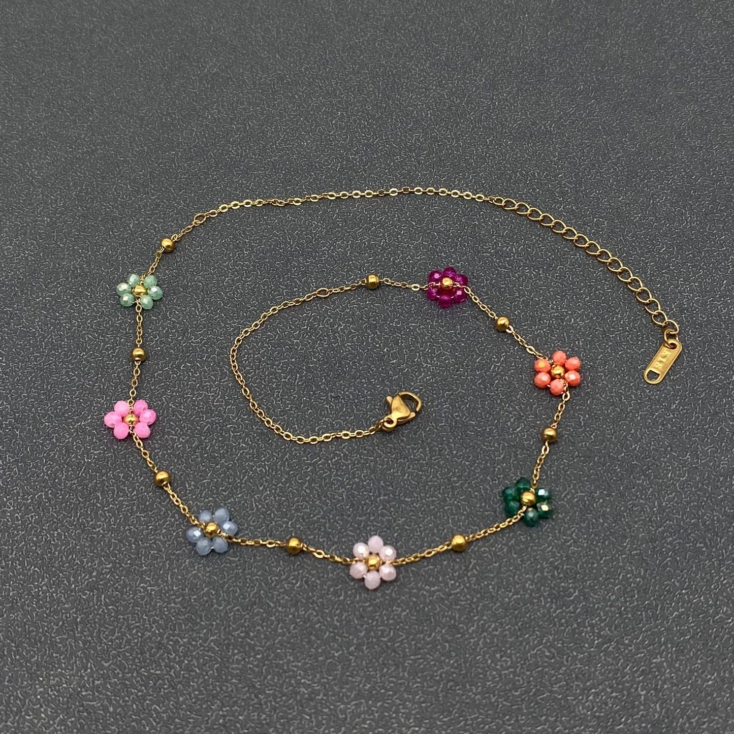 Color Glass Bead Flowers 18K Gold Plated Necklace and Bracelet Set