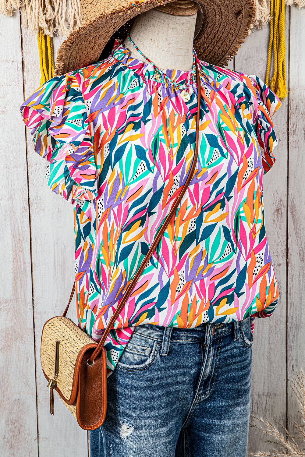 Floral Print Ruffled Flutter Sleeve Blouse