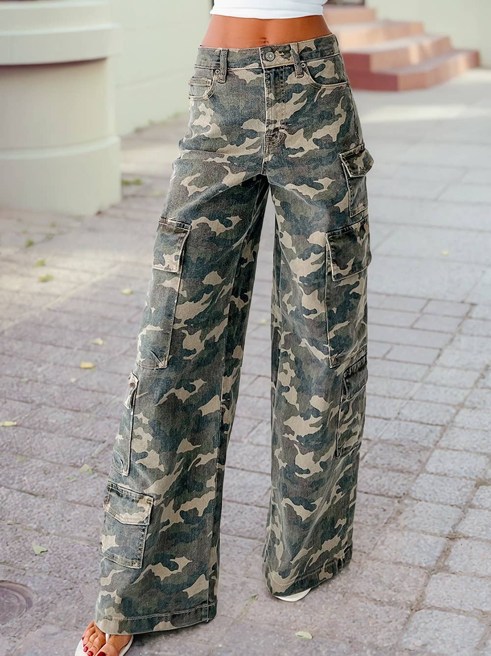 Camo Denim Cargo Wide Leg Pants
