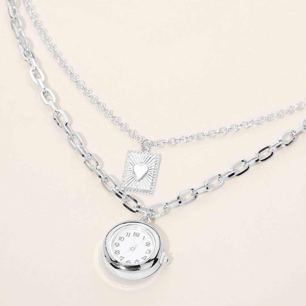 Watch Heart Plate Pendant Layered Chain Necklace