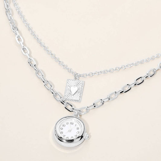 Watch Heart Plate Pendant Layered Chain Necklace