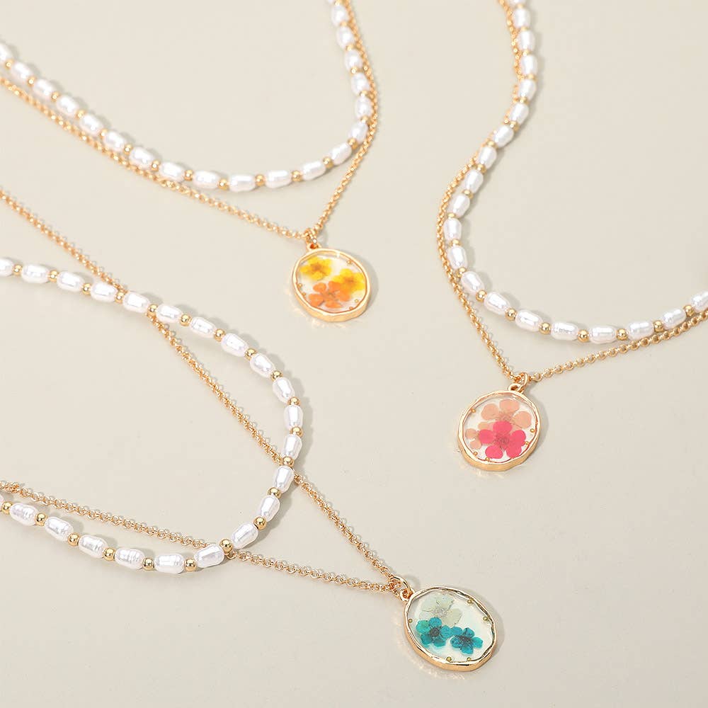 Floral Resin Pendant Pearl Metal Chain Layered Necklace