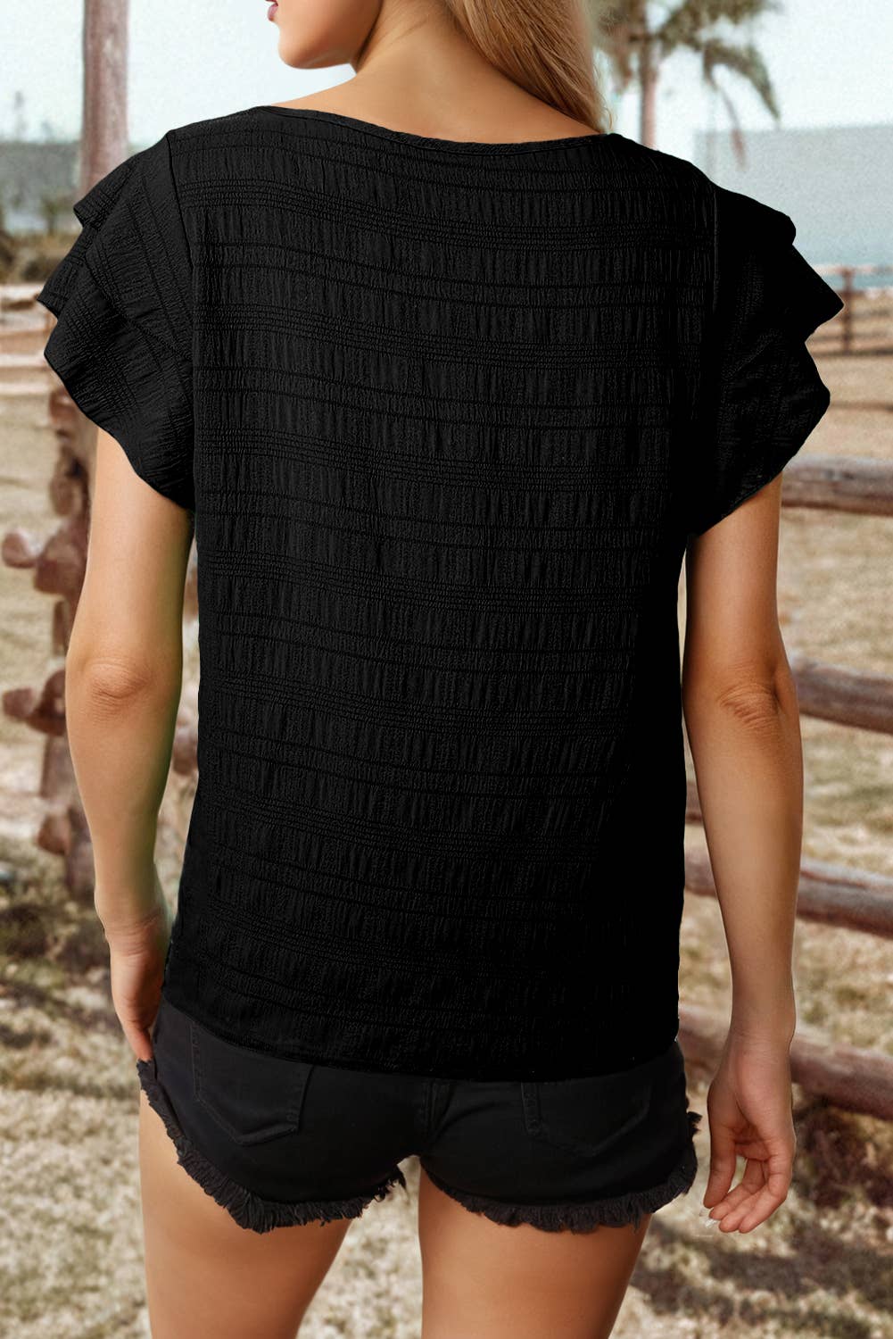 Fashion-W Textured Ruffled Sleeve Round Neck Top