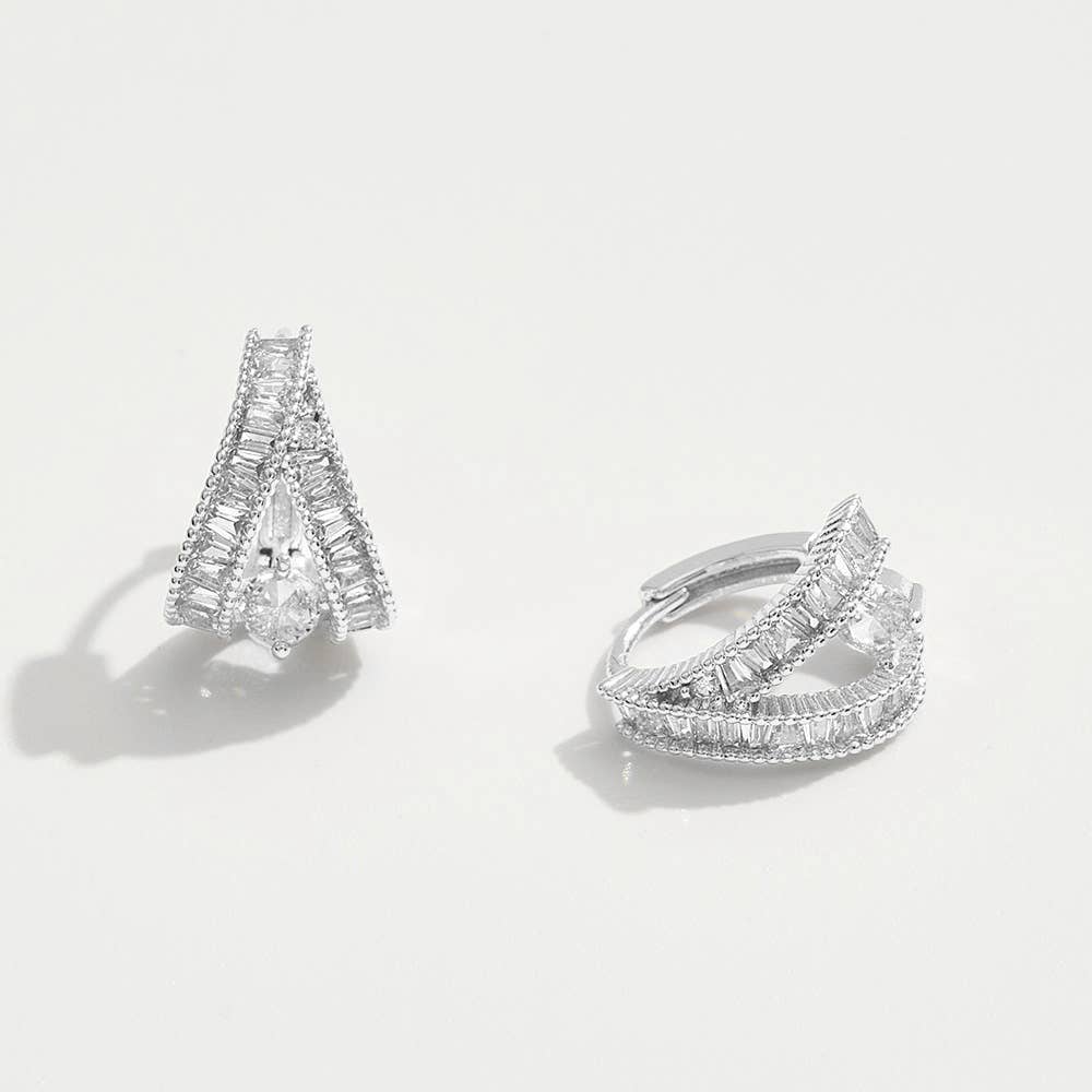 14K Gold Dipped CZ Baguette Stone Double Row Huggie Hoop Earrings